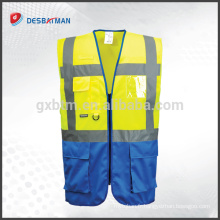 Classe 3 Jaune et Bleu Salut Viz Safey Avertissement gilets travail de nuit avec poches multiples et fermeture à glissière